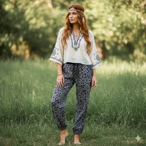 Ivy Jane Embroidered Starry Striped Rayon Joggers Drawstring Pants S Black Teal